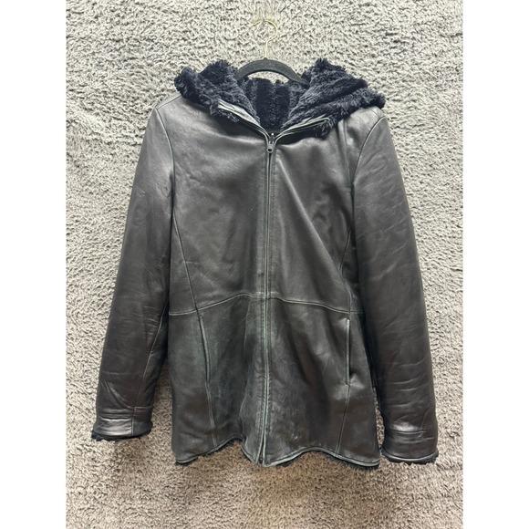 Nicole Miller Reversible Shearling & Leather Hooded Jacket Black Women's Size S - Picture 1 of 16